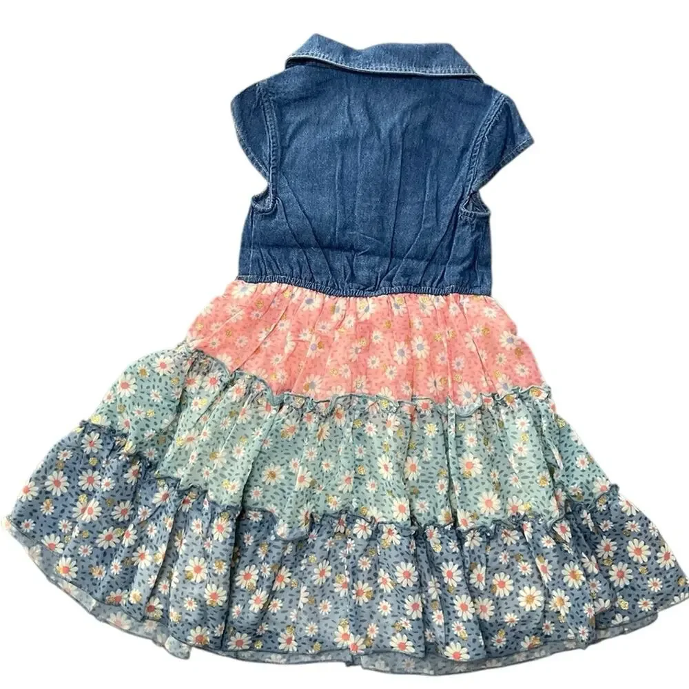 Zunie Girls Denim Daisy Floral Tiered Dress Size XS NWT